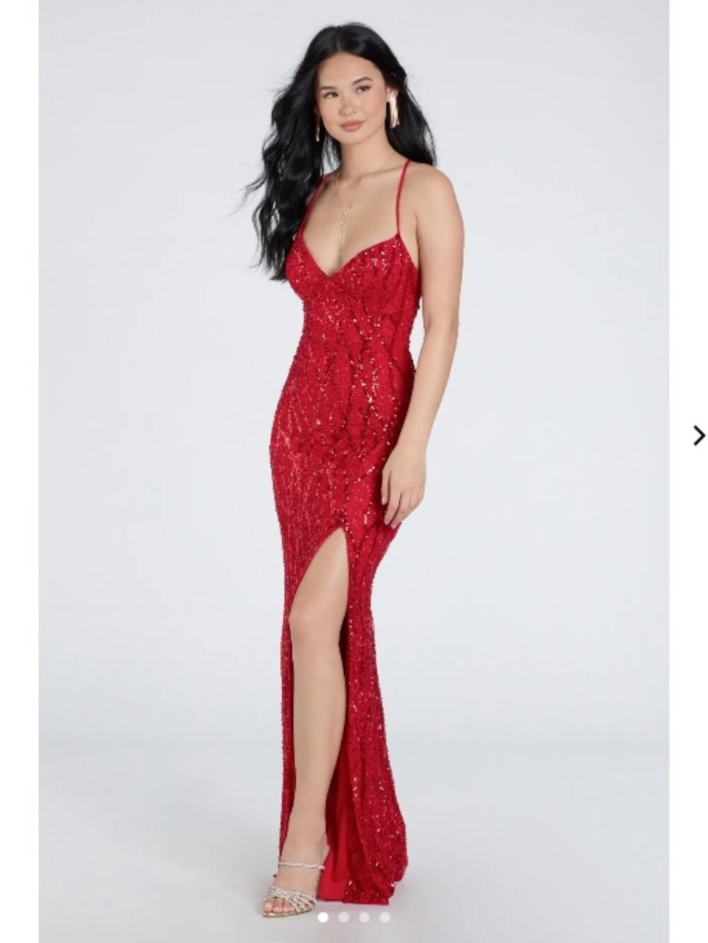 Red Lace-Up Slit Sequin Beaded Formal Prom Strappy Dress XS